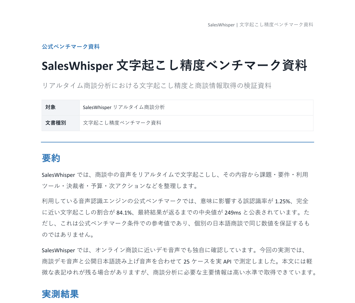 SalesWhisper 文字起こし精度ベンチマーク資料 1ページ目プレビュー